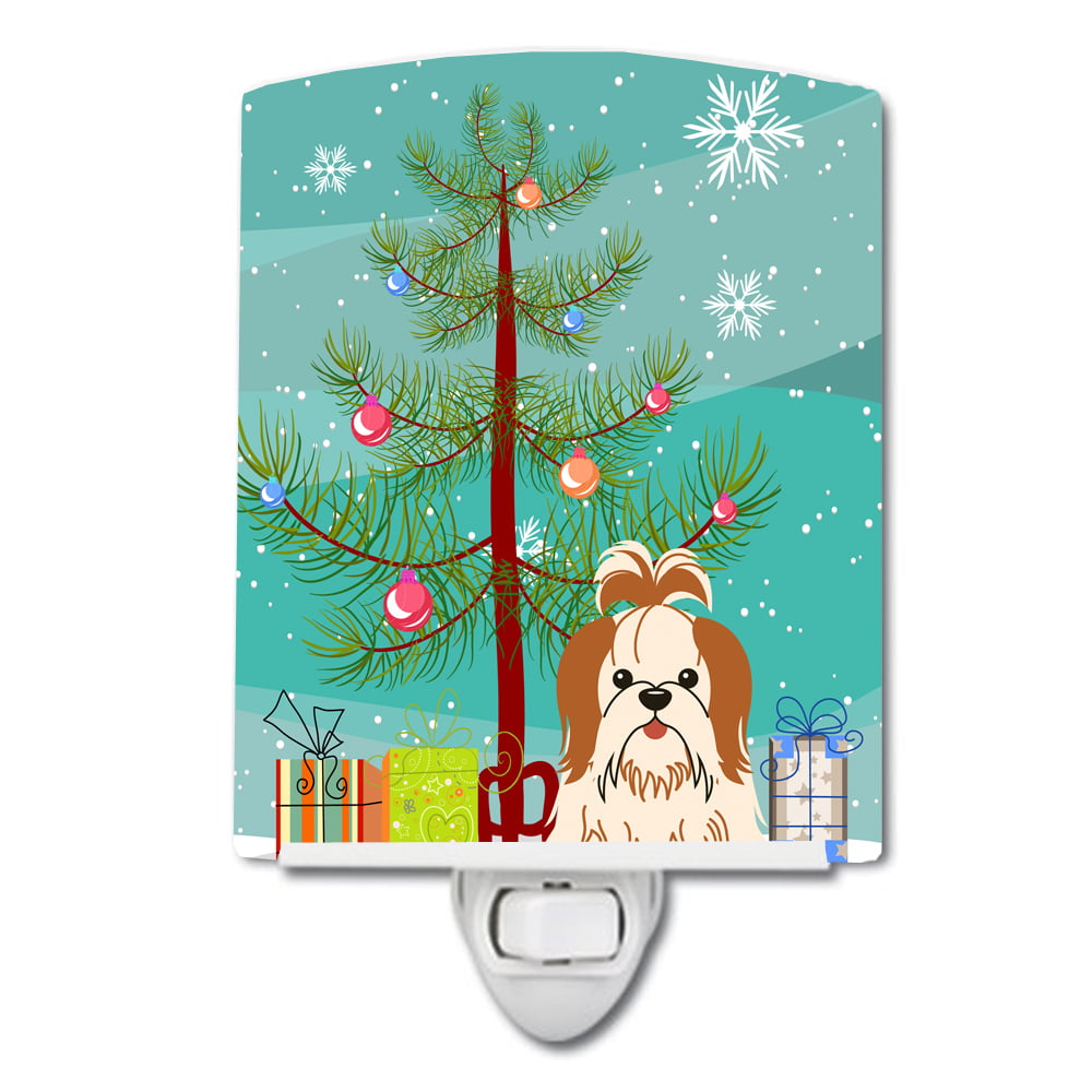Merry Christmas Tree Shih Tzu Red White Ceramic Night Light