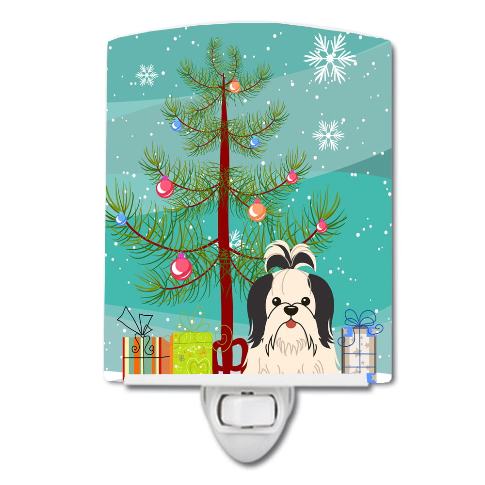 Merry Christmas Tree Shih Tzu Black White Ceramic Night Light