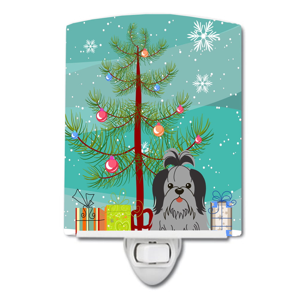 Merry Christmas Tree Shih Tzu Black Silver Ceramic Night Light
