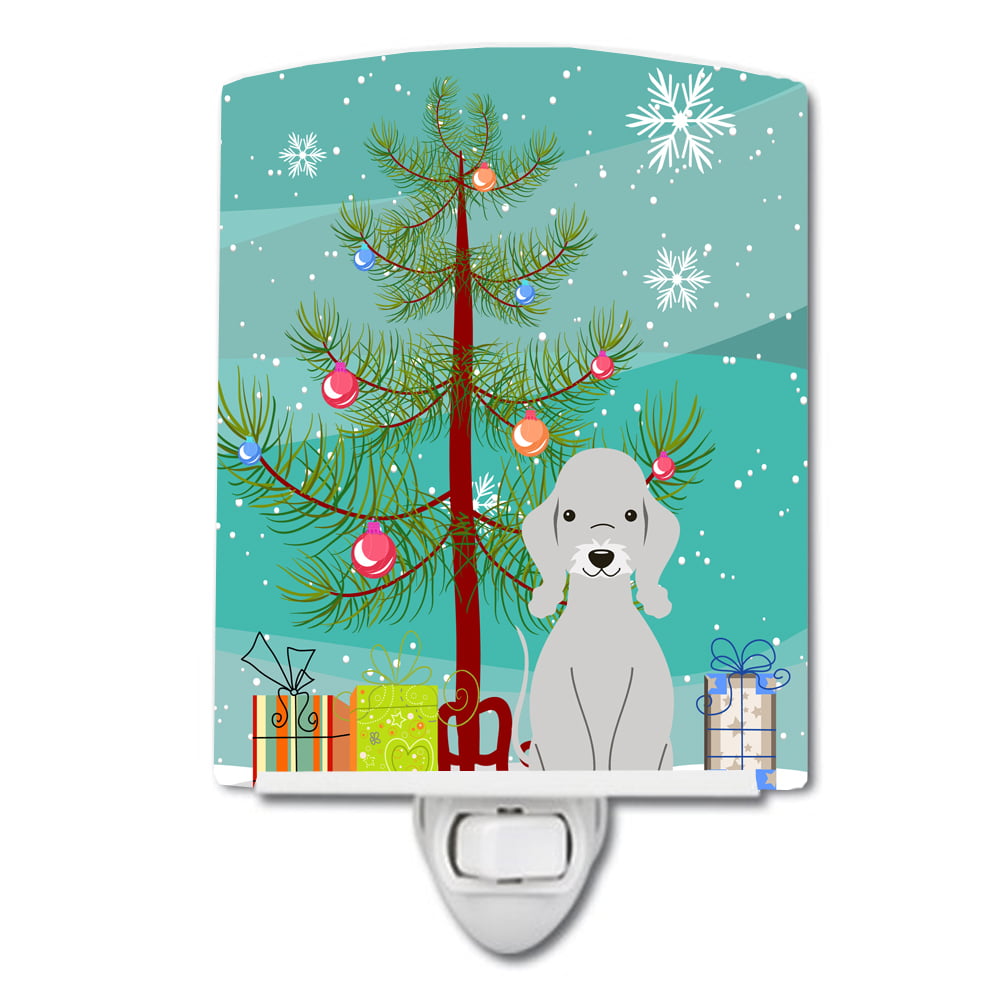 Merry Christmas Tree Bedlington Terrier Blue Ceramic Night Light