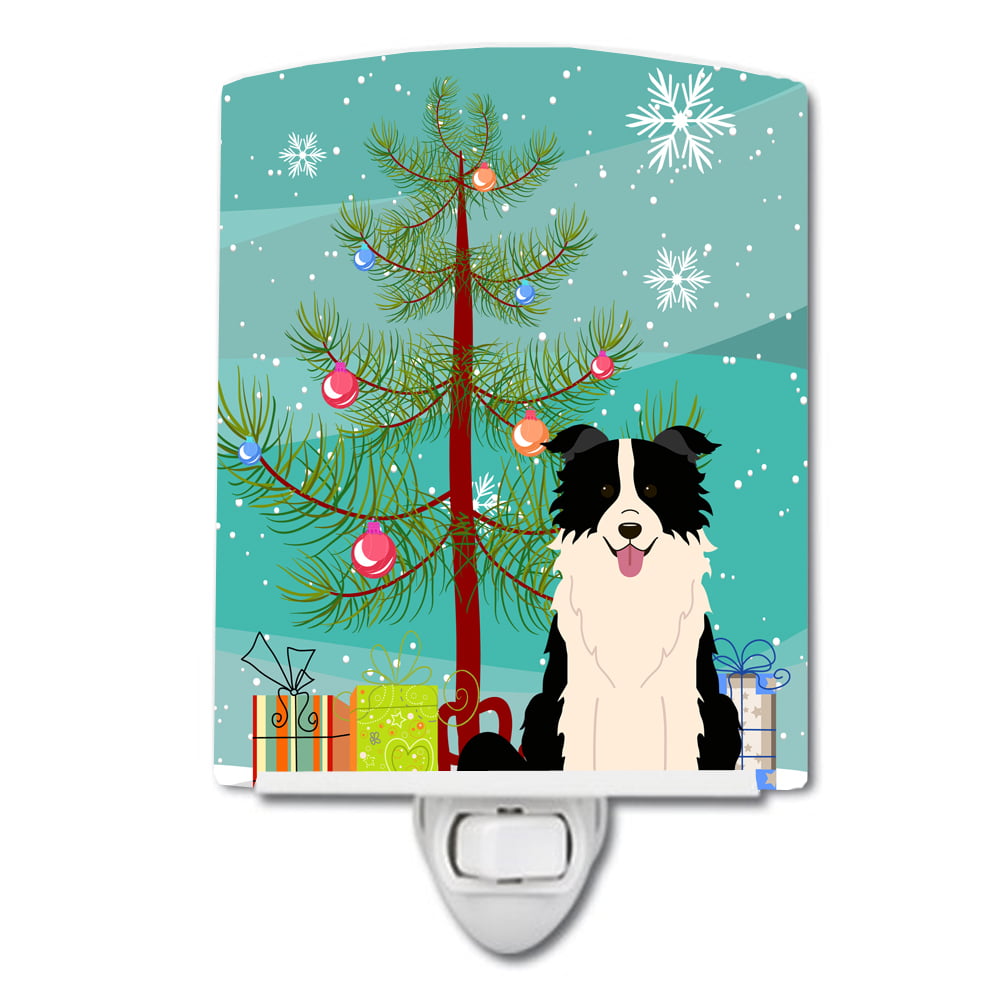 Merry Christmas Tree Border Collie Black White Ceramic Night Light