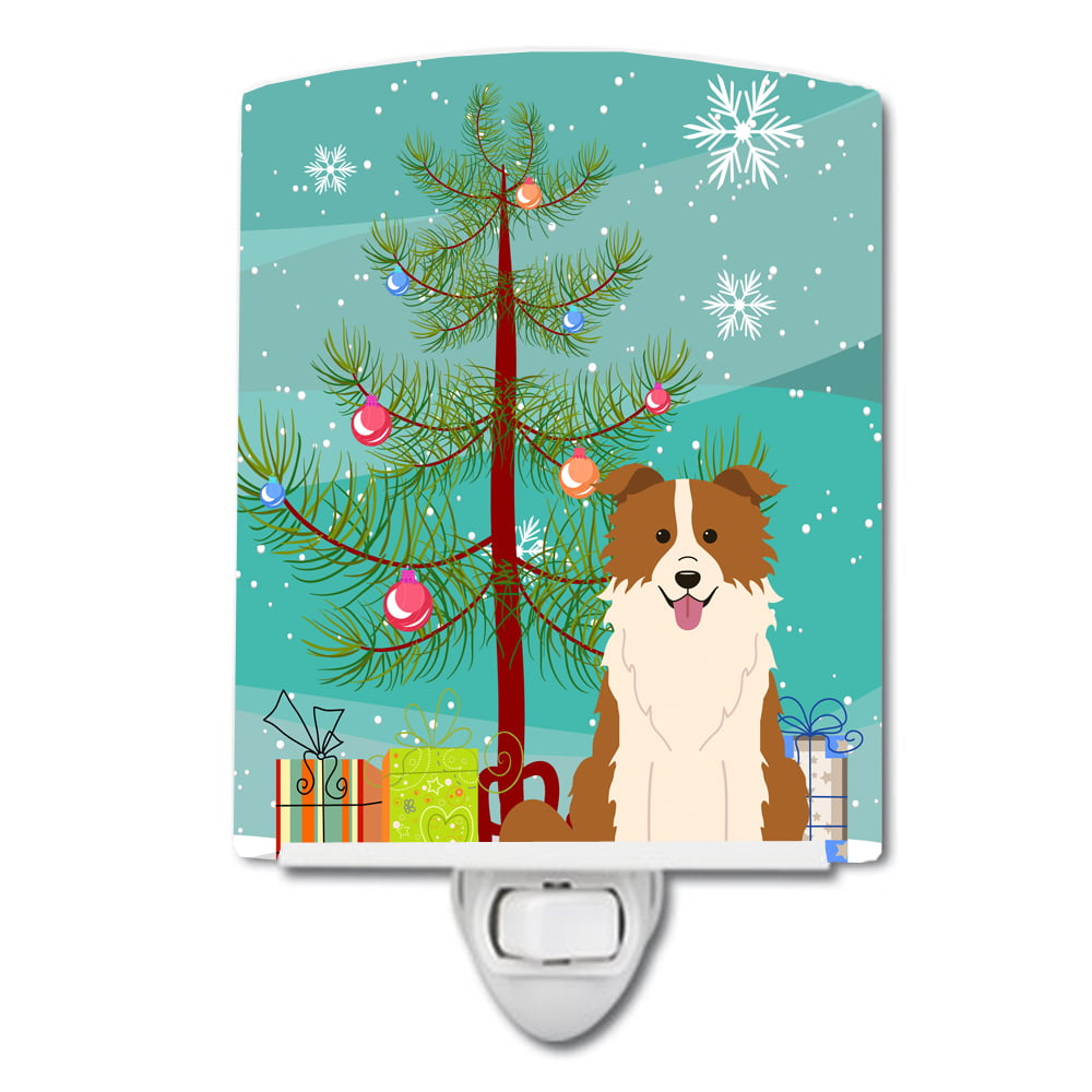Merry Christmas Tree Border Collie Red White Ceramic Night Light