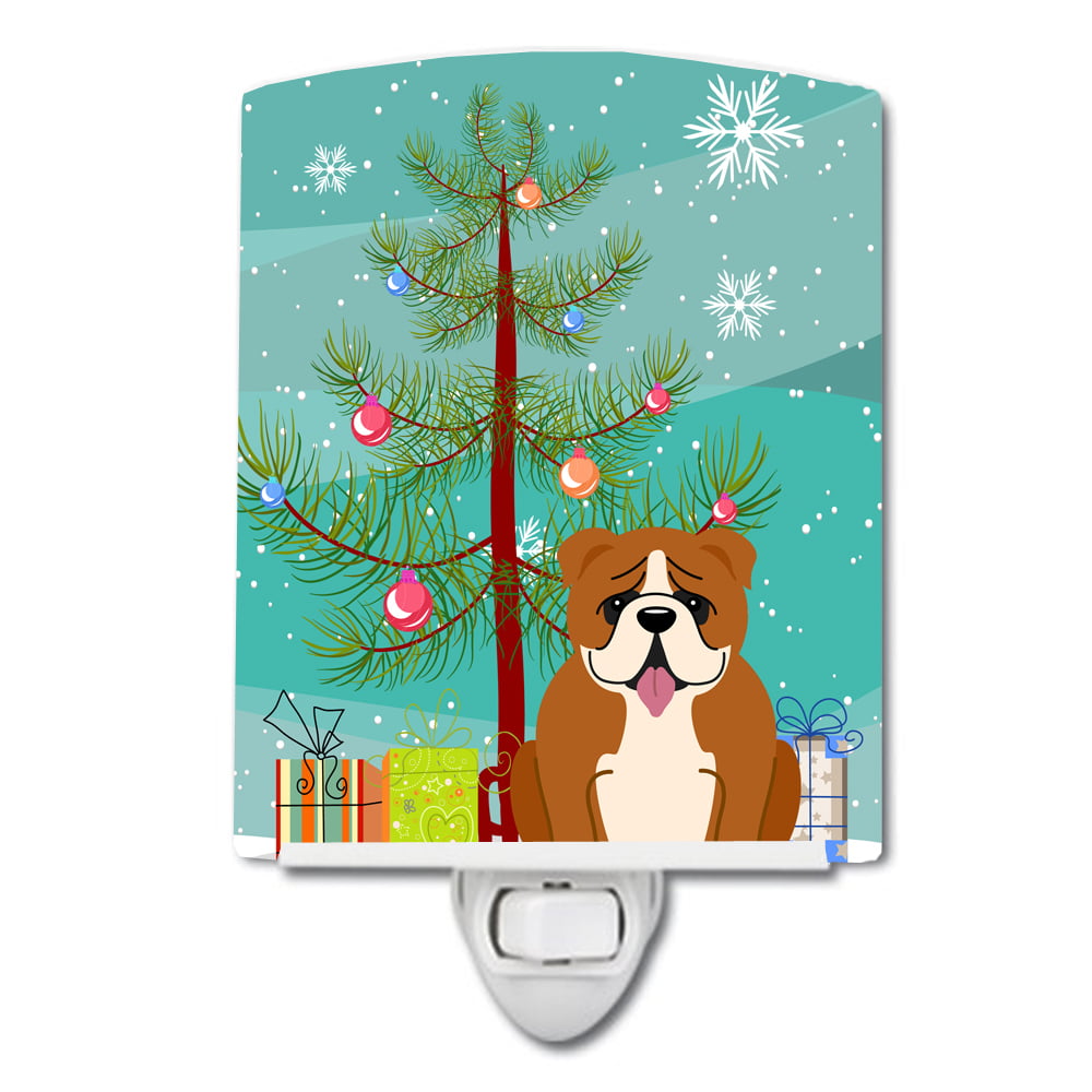 Merry Christmas Tree English Bulldog Red White Ceramic Night Light