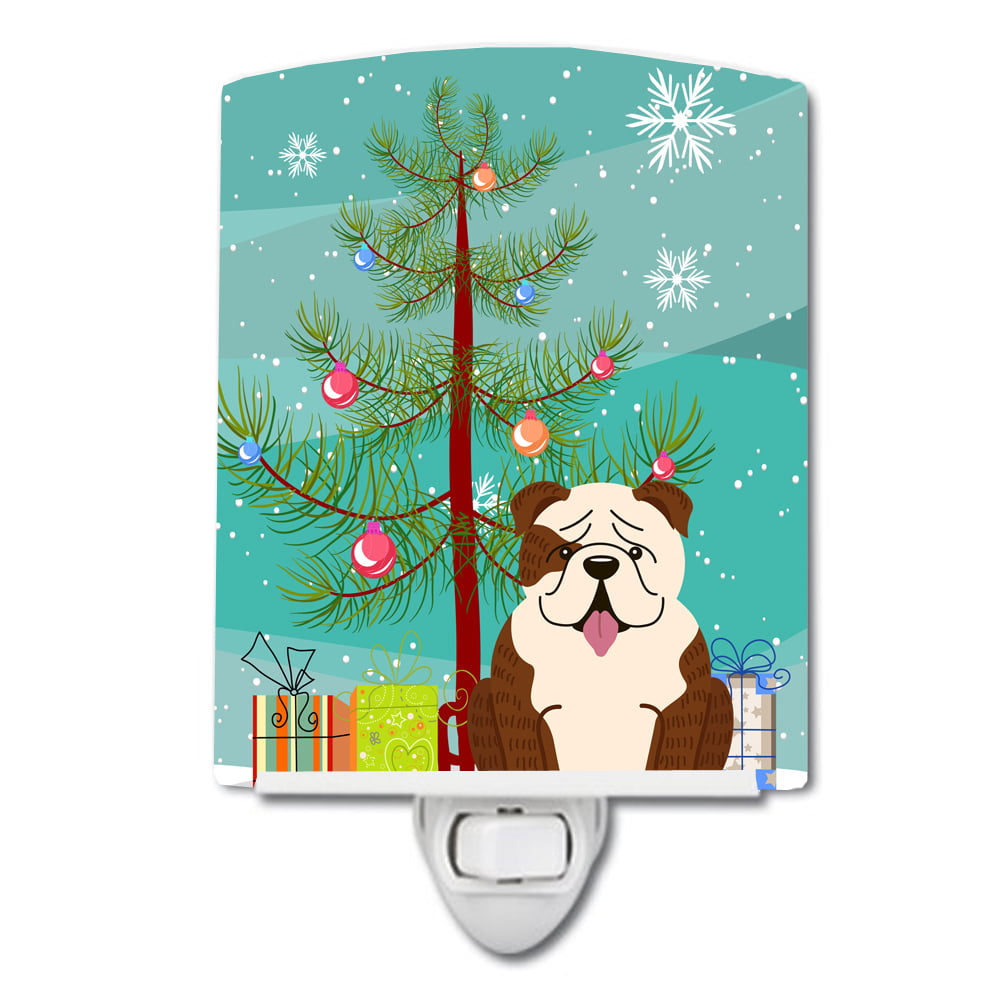 Merry Christmas Tree English Bulldog Brindle White Ceramic Night Light