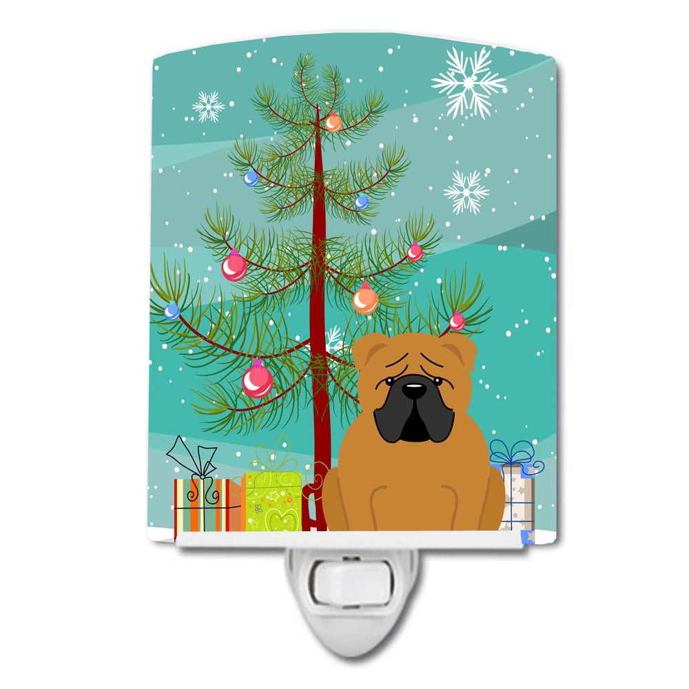 Merry Christmas Tree English Bulldog Red Ceramic Night Light