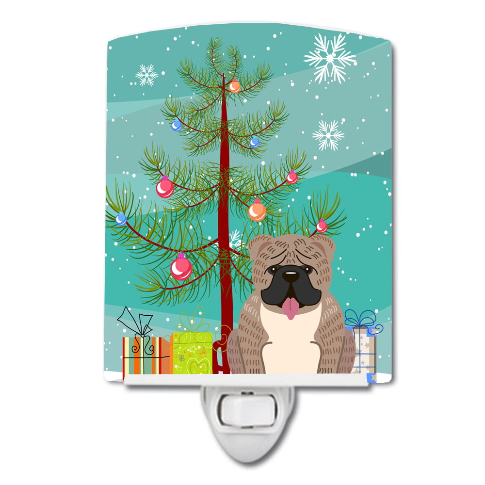 Merry Christmas Tree English Bulldog Grey Brindle Ceramic Night Light