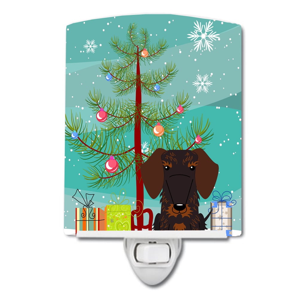 Merry Christmas Tree Wire Haired Dachshund Chocolate Ceramic Night Light