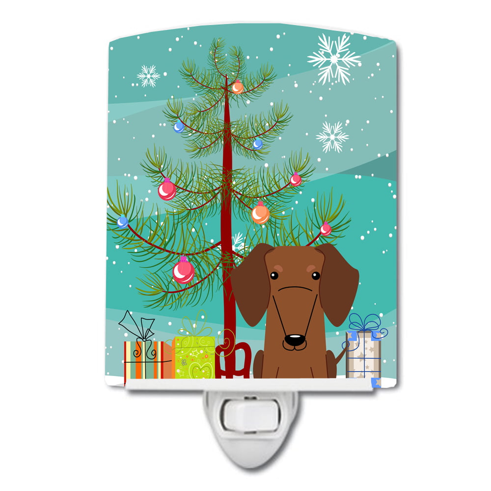 Merry Christmas Tree Dachshund Red Brown Ceramic Night Light
