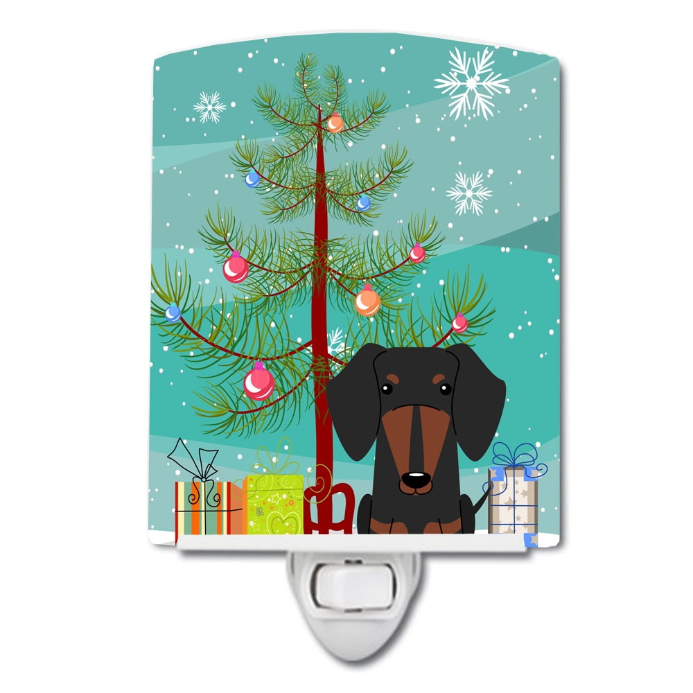 Merry Christmas Tree Dachshund Black Tan Ceramic Night Light