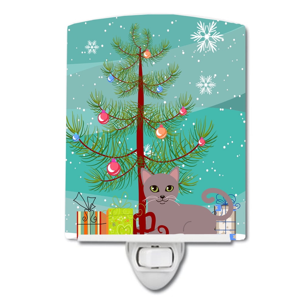 Russian Blue Cat Merry Christmas Tree Ceramic Night Light