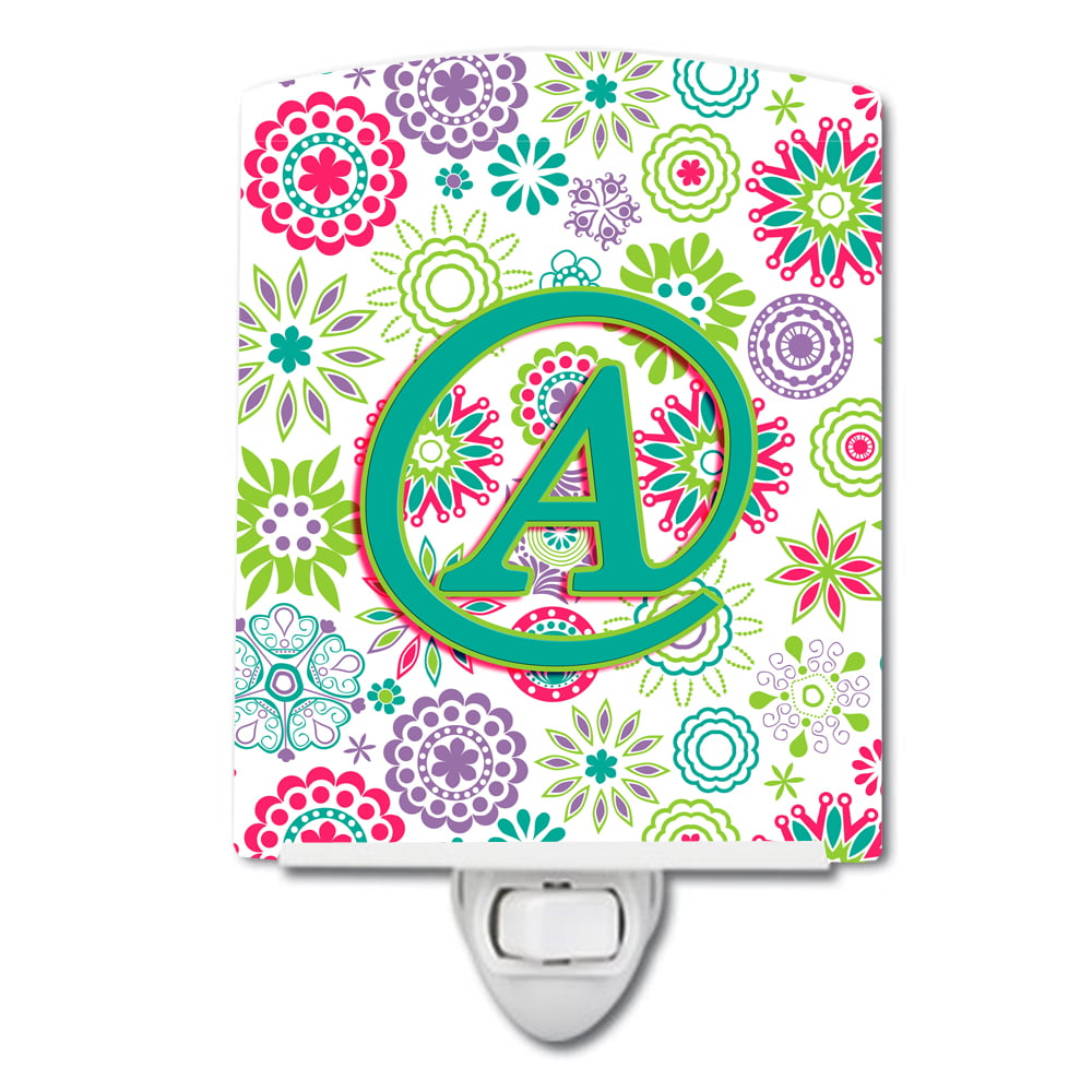 Letter A Flowers Pink Teal Green Initial Ceramic Night Light