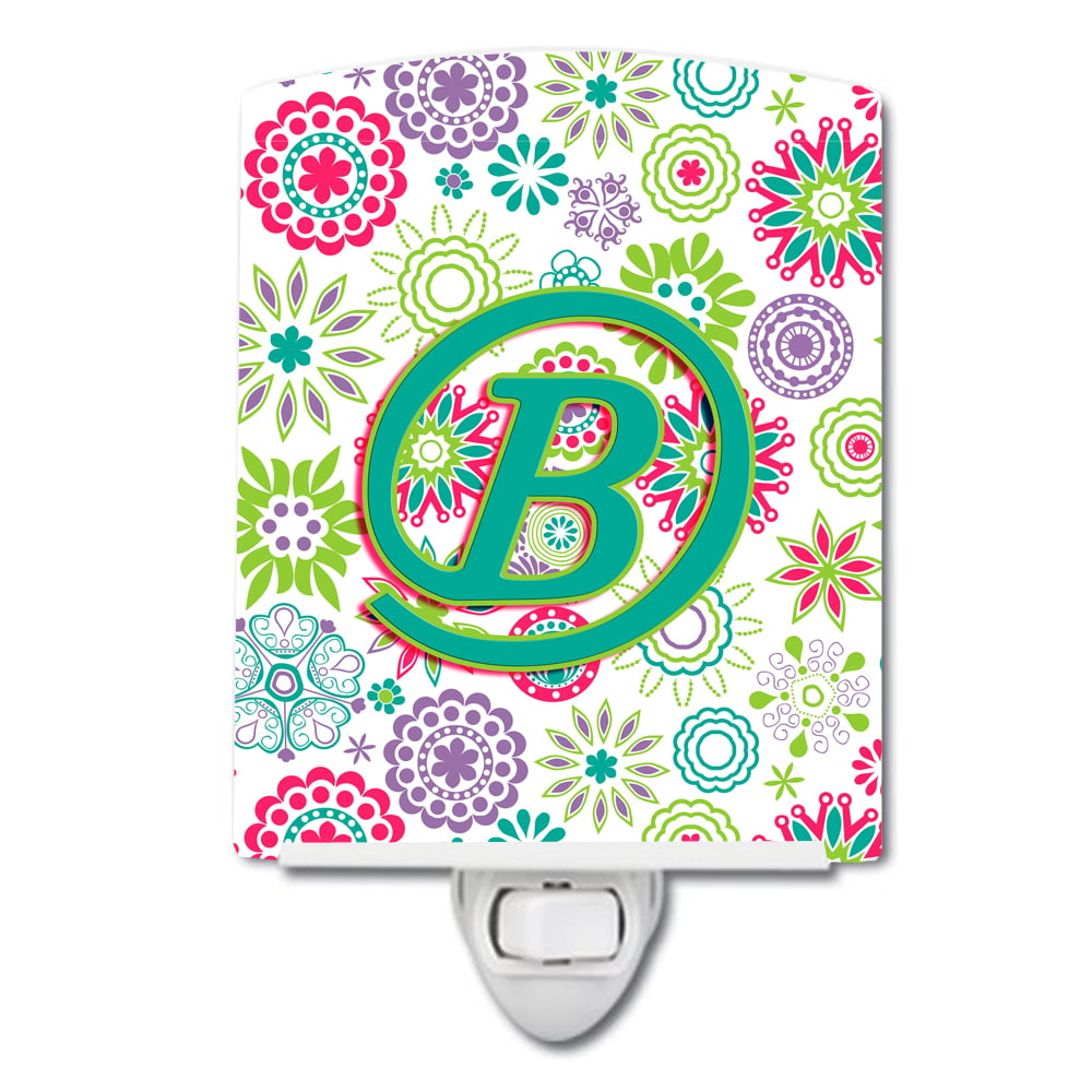 Letter B Flowers Pink Teal Green Initial Ceramic Night Light