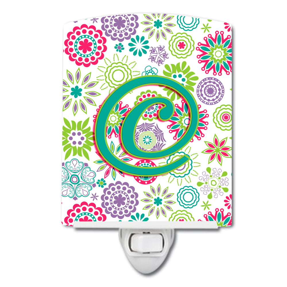 Letter C Flowers Pink Teal Green Initial Ceramic Night Light