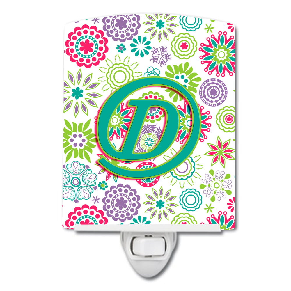 Letter D Flowers Pink Teal Green Initial Ceramic Night Light