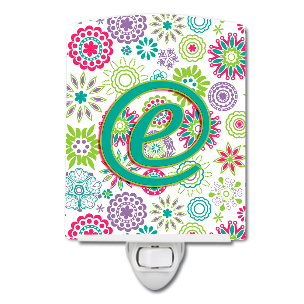 Letter E Flowers Pink Teal Green Initial Ceramic Night Light