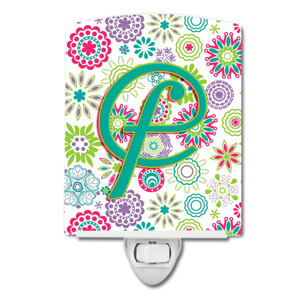 Letter F Flowers Pink Teal Green Initial Ceramic Night Light