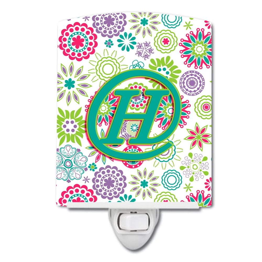 Letter H Flowers Pink Teal Green Initial Ceramic Night Light