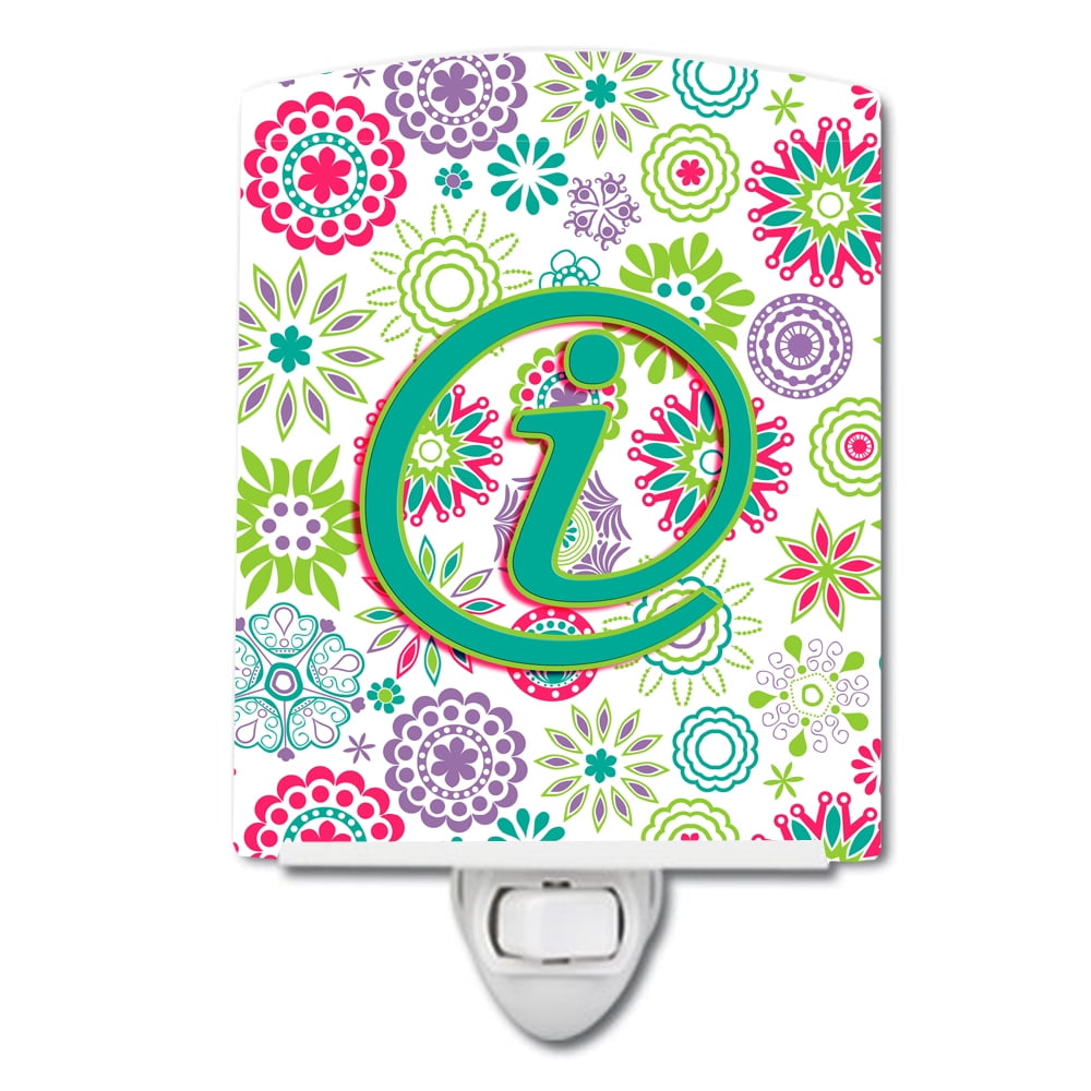 Letter I Flowers Pink Teal Green Initial Ceramic Night Light