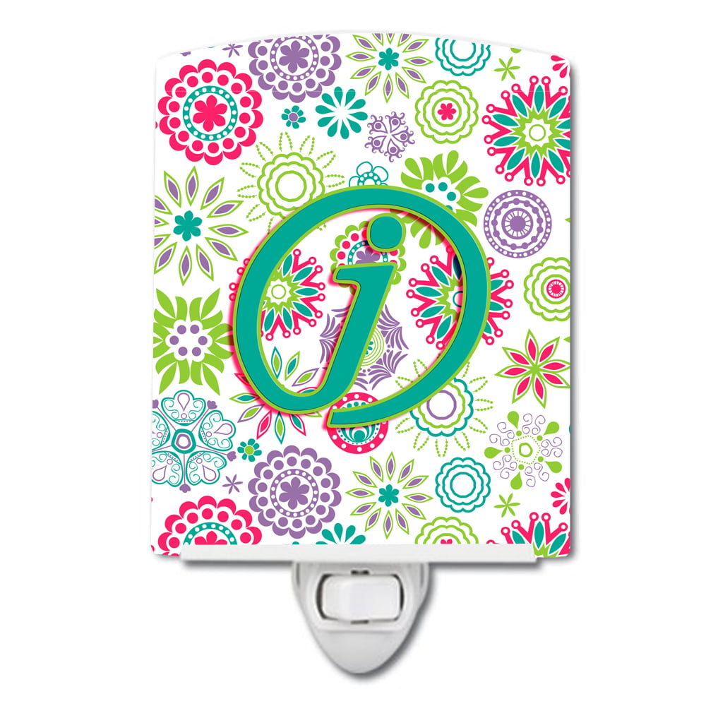 Letter J Flowers Pink Teal Green Initial Ceramic Night Light
