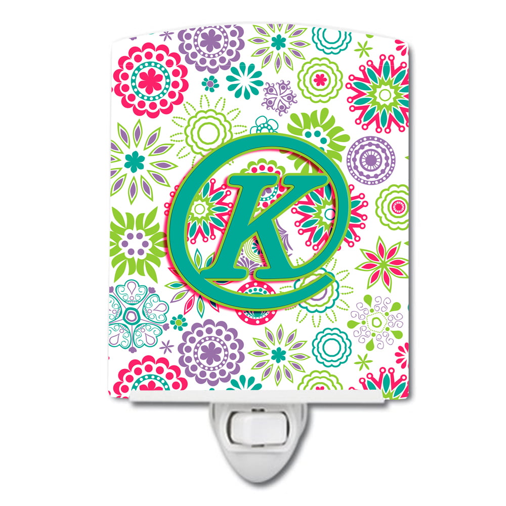 Letter K Flowers Pink Teal Green Initial Ceramic Night Light