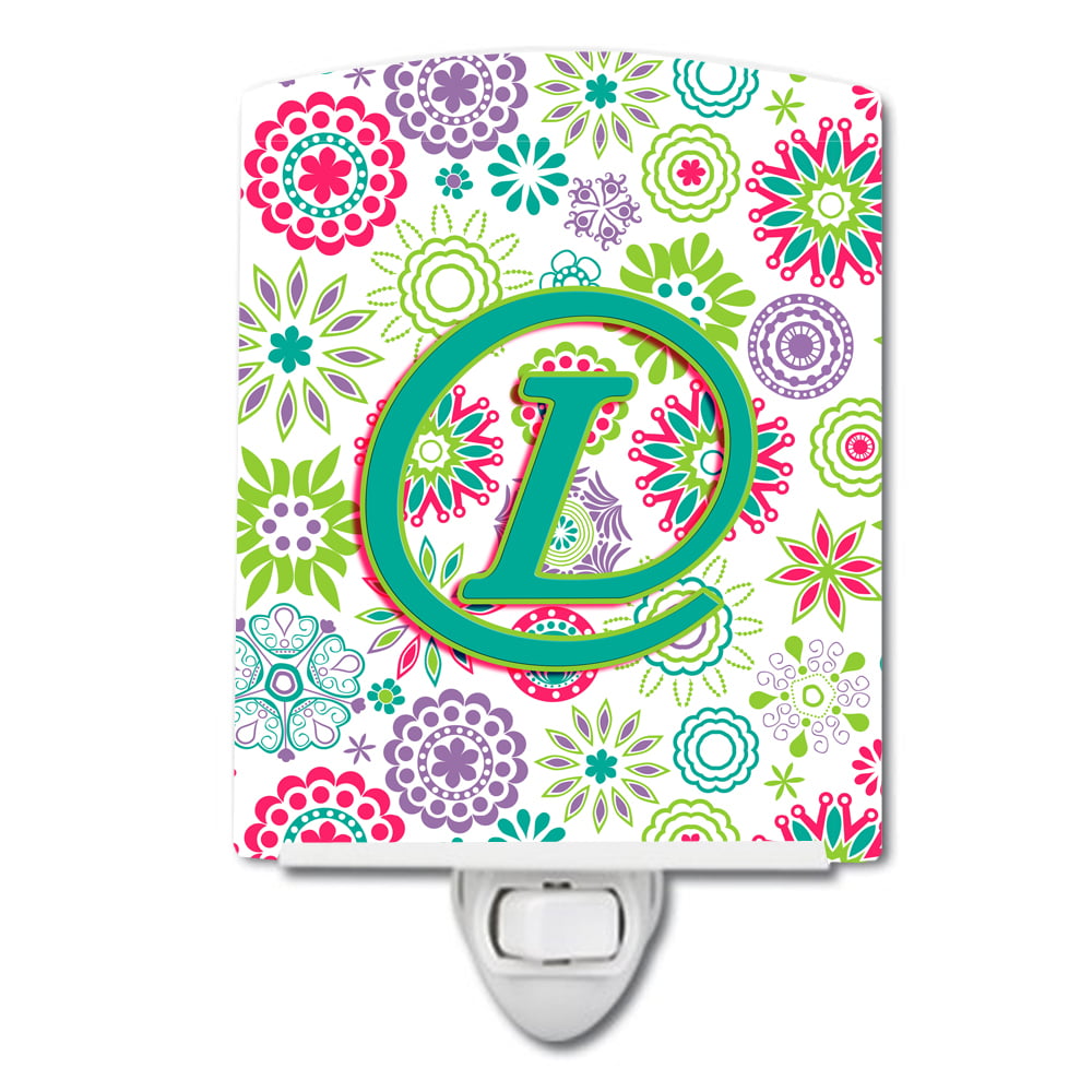Letter L Flowers Pink Teal Green Initial Ceramic Night Light