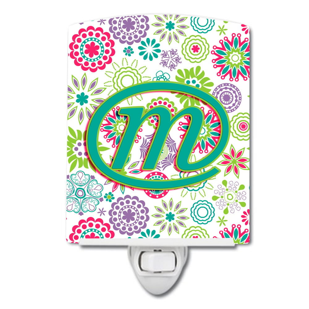 Letter M Flowers Pink Teal Green Initial Ceramic Night Light