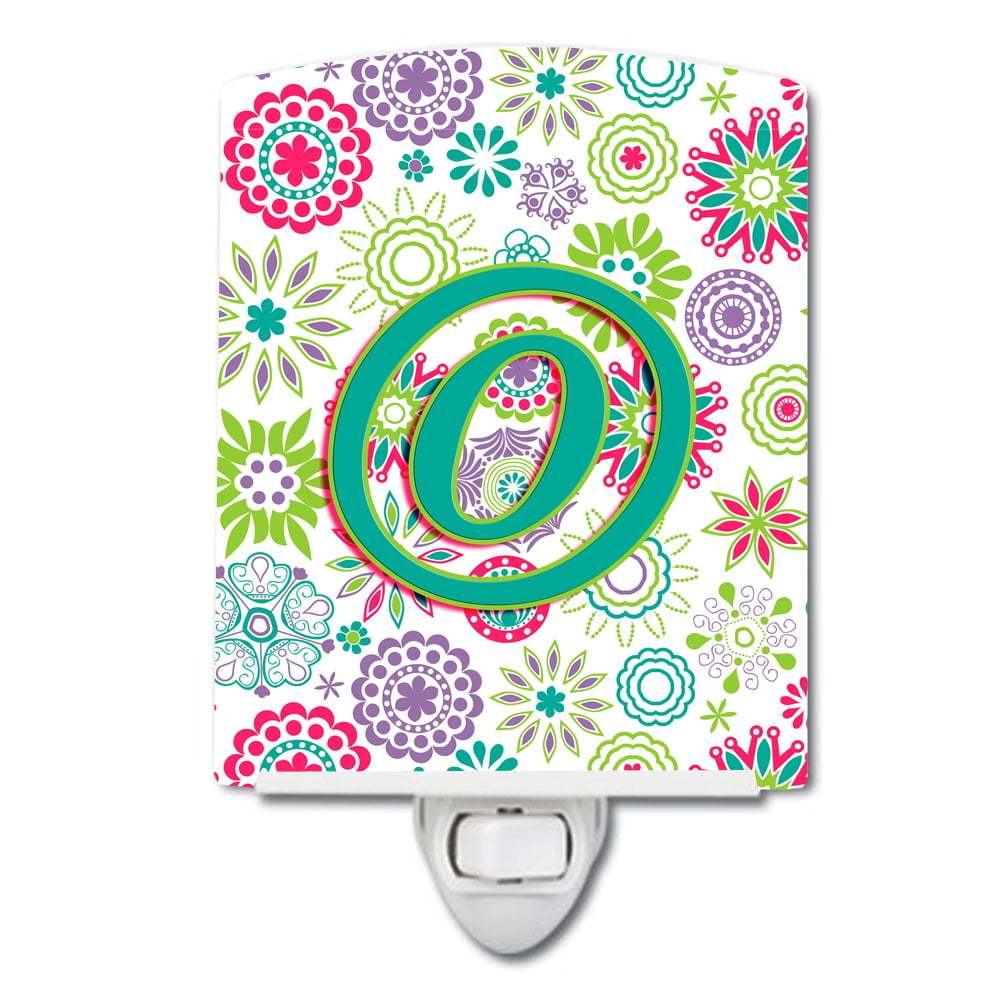 Letter O Flowers Pink Teal Green Initial Ceramic Night Light
