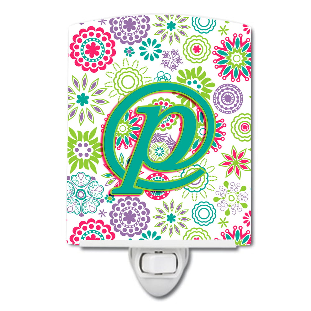 Letter P Flowers Pink Teal Green Initial Ceramic Night Light