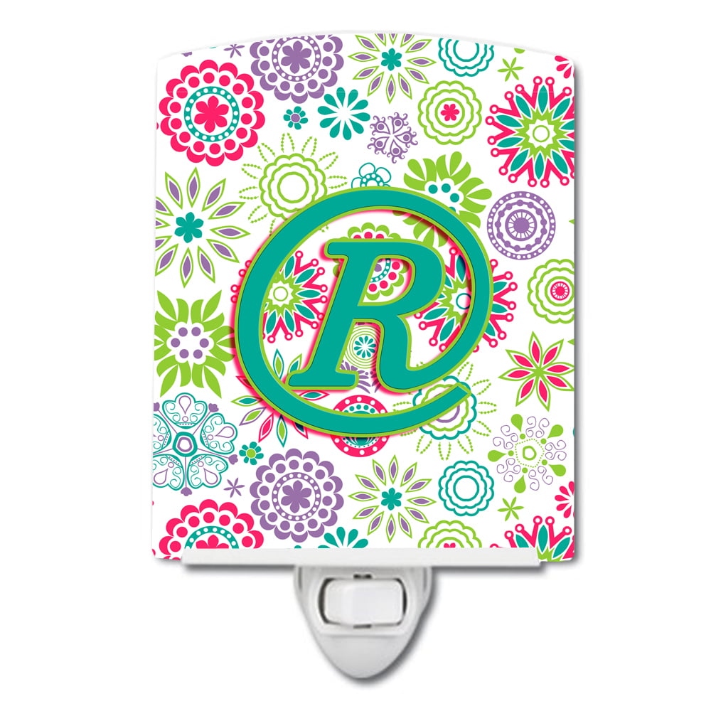 Letter R Flowers Pink Teal Green Initial Ceramic Night Light