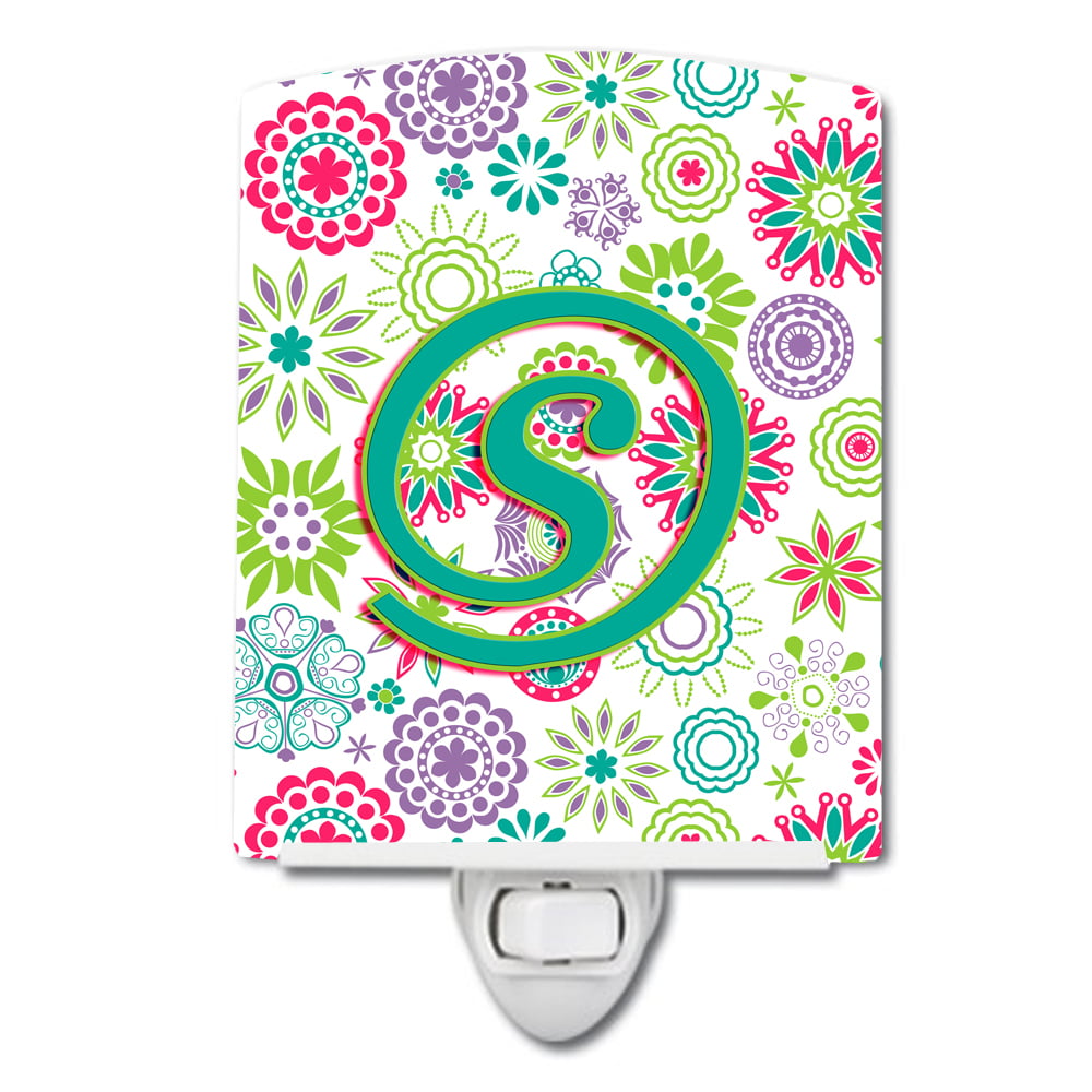 Letter S Flowers Pink Teal Green Initial Ceramic Night Light