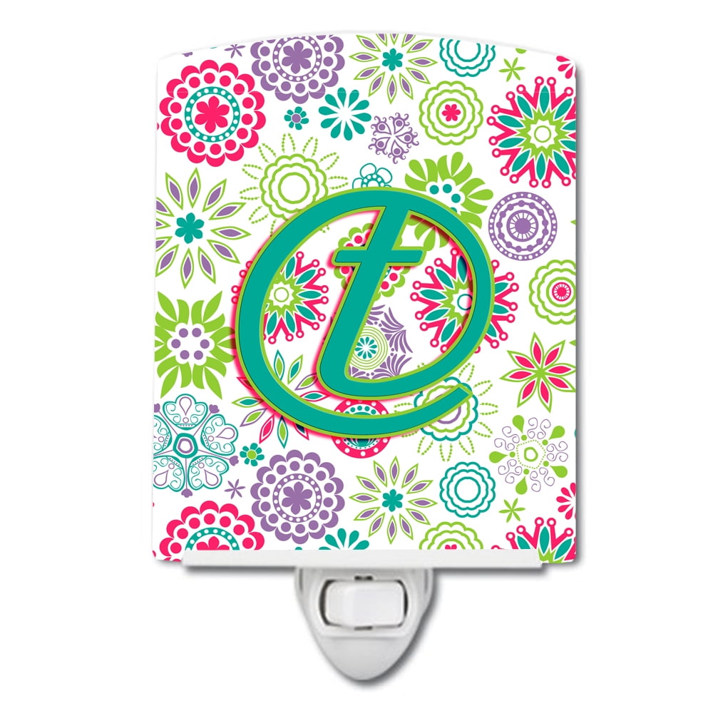 Letter T Flowers Pink Teal Green Initial Ceramic Night Light