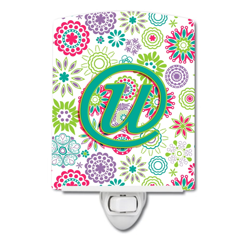 Letter U Flowers Pink Teal Green Initial Ceramic Night Light