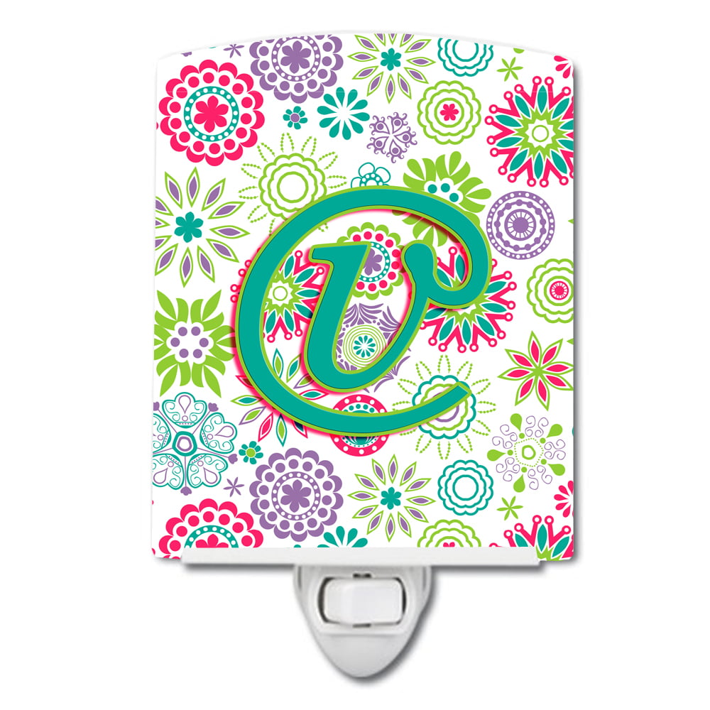 Letter V Flowers Pink Teal Green Initial Ceramic Night Light