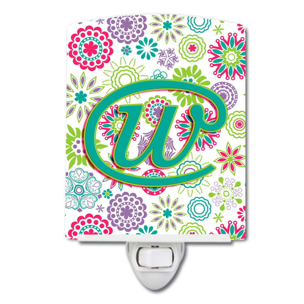 Letter W Flowers Pink Teal Green Initial Ceramic Night Light