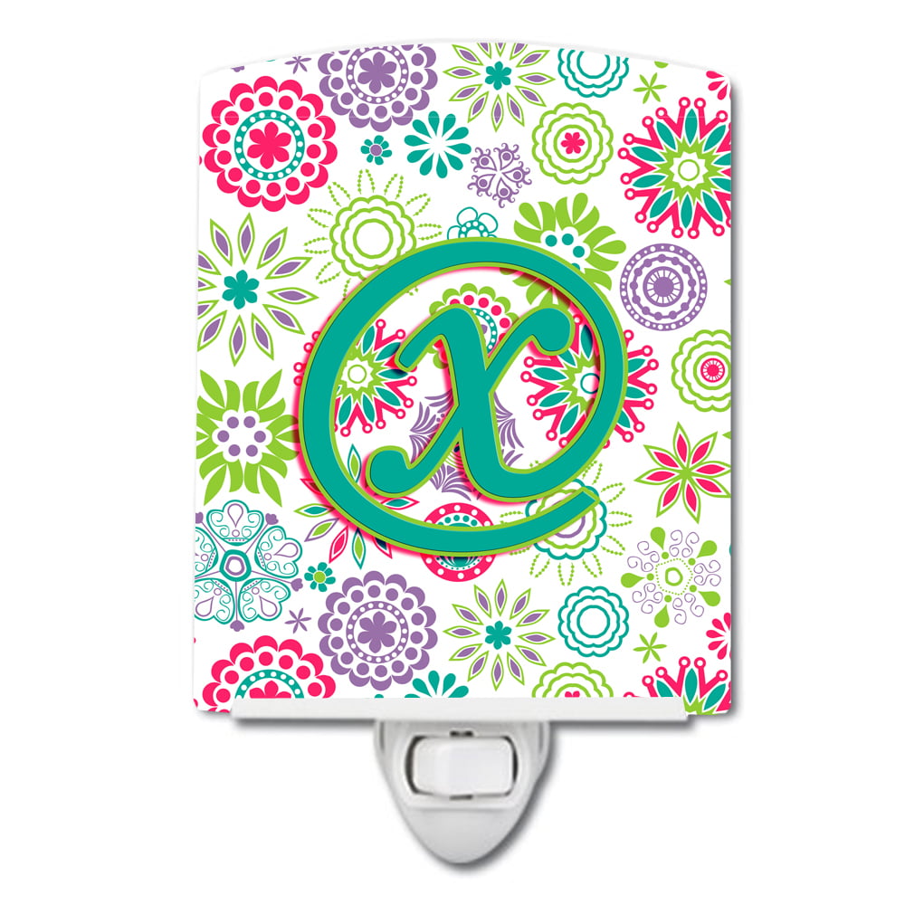 Letter X Flowers Pink Teal Green Initial Ceramic Night Light