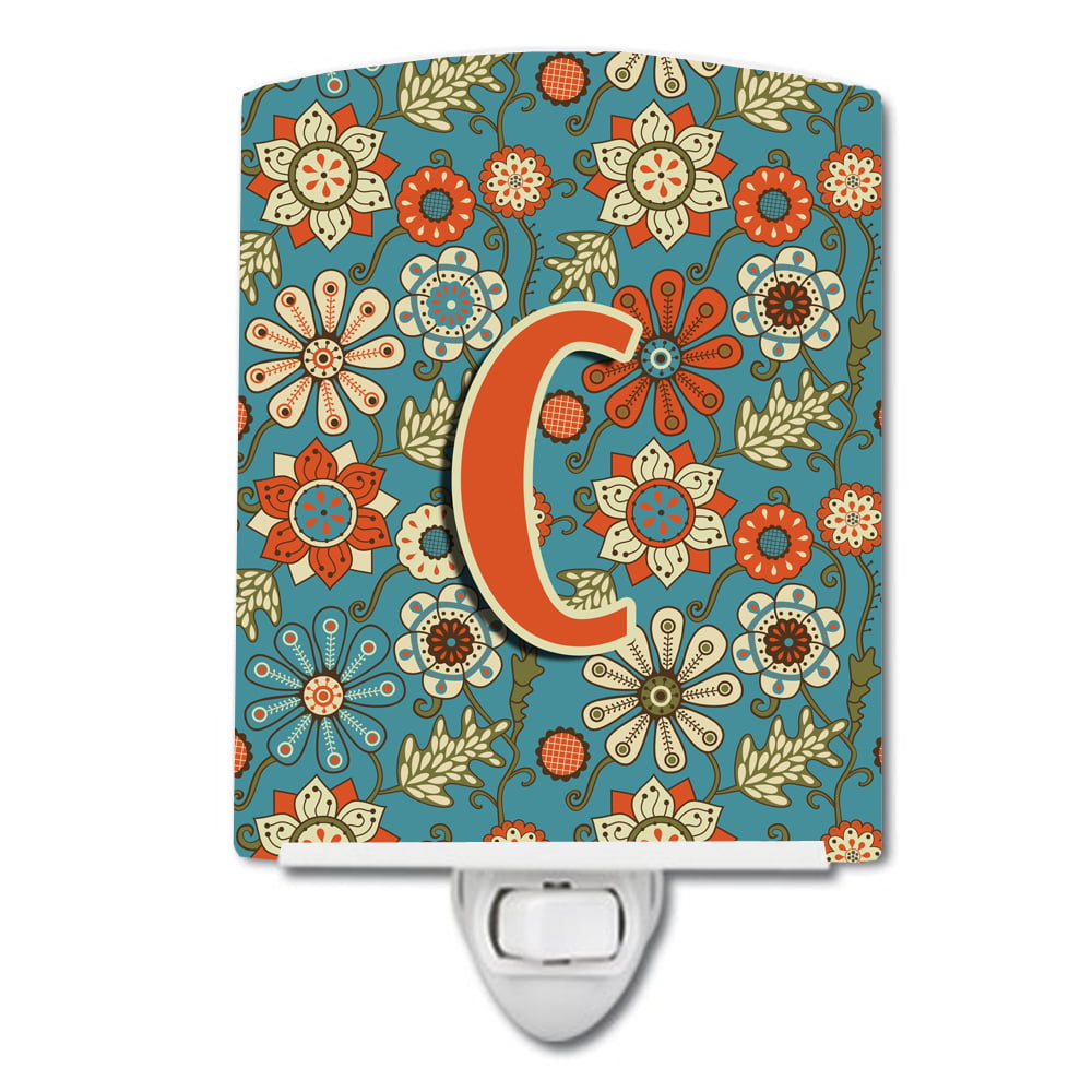 CJ2012-CCNL Letter C Flowers Retro Blue Ceramic Night Light