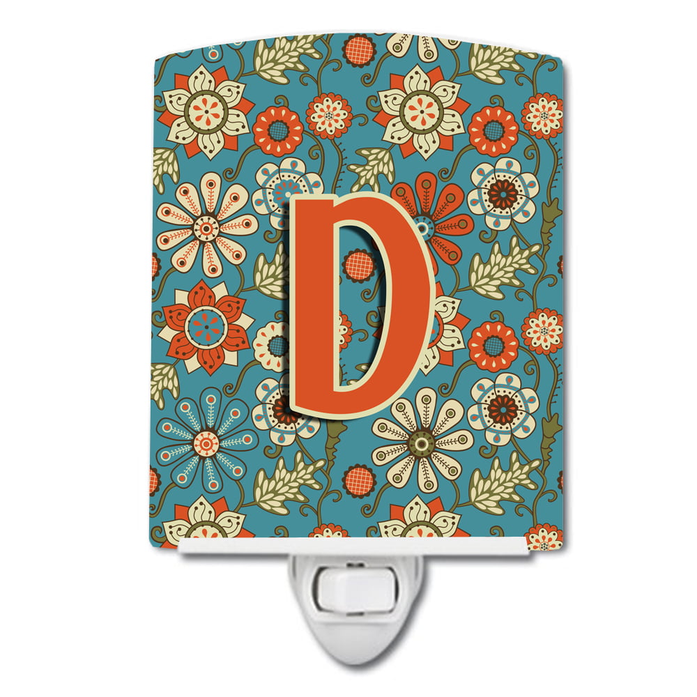 Letter D Flowers Retro Blue Ceramic Night Light