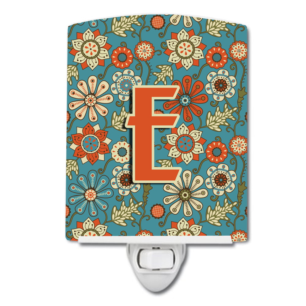 CJ2012-ECNL Letter E Flowers Retro Blue Ceramic Night Light