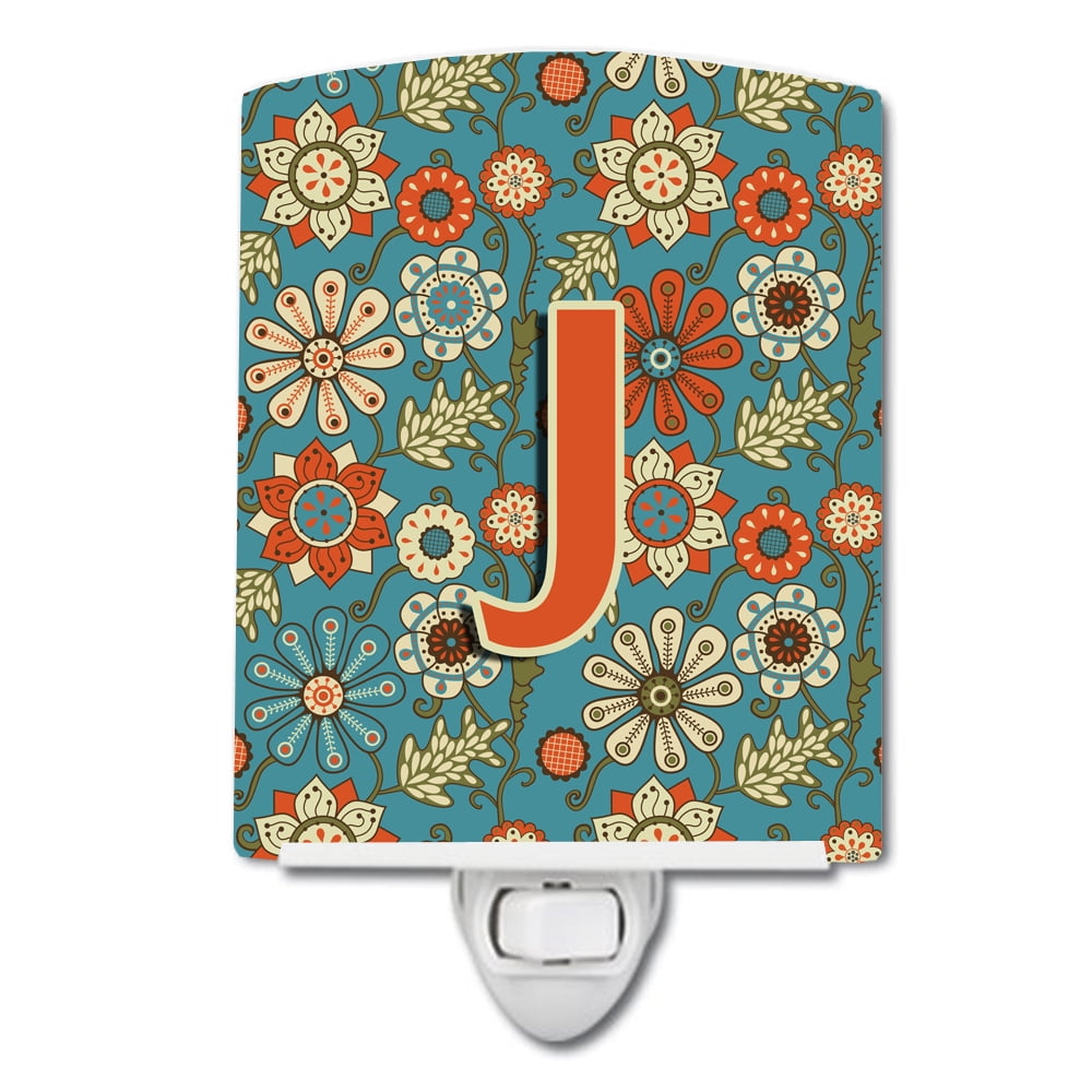 Letter J Flowers Retro Blue Ceramic Night Light