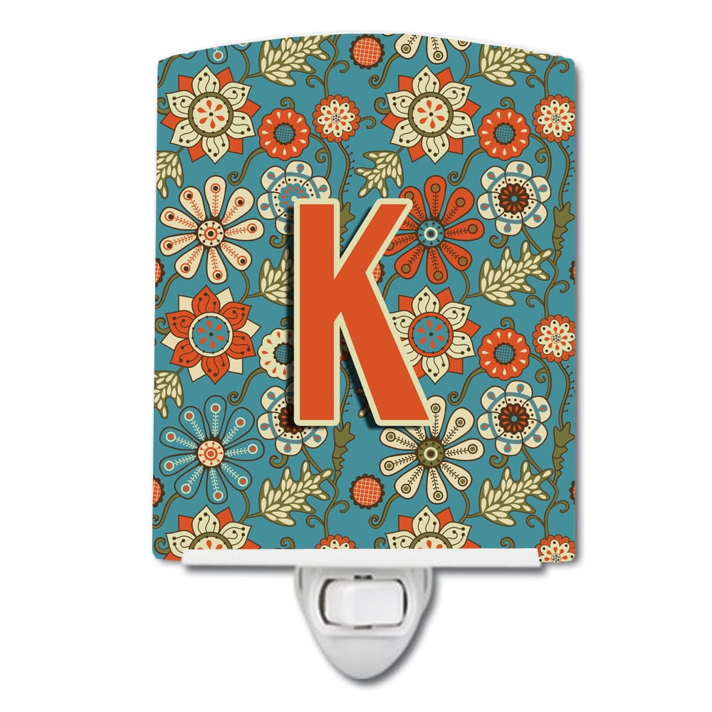 Letter K Flowers Retro Blue Ceramic Night Light