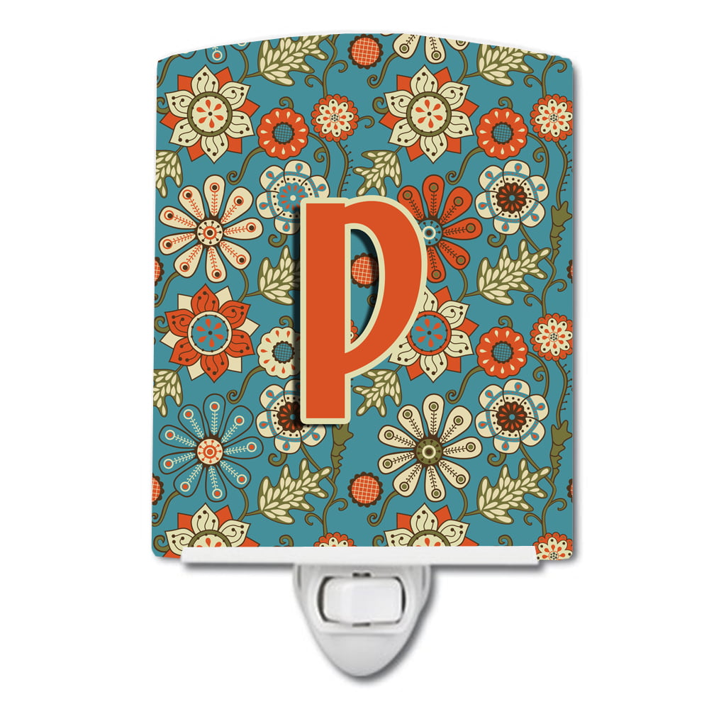 Letter P Flowers Retro Blue Ceramic Night Light