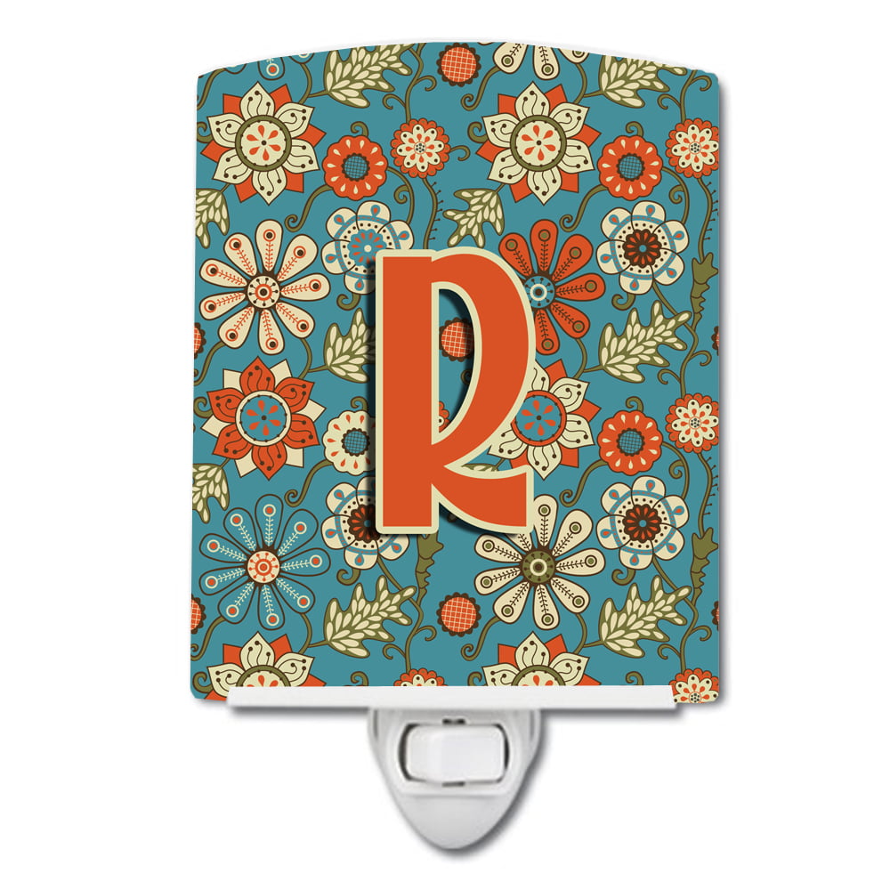 Letter R Flowers Retro Blue Ceramic Night Light