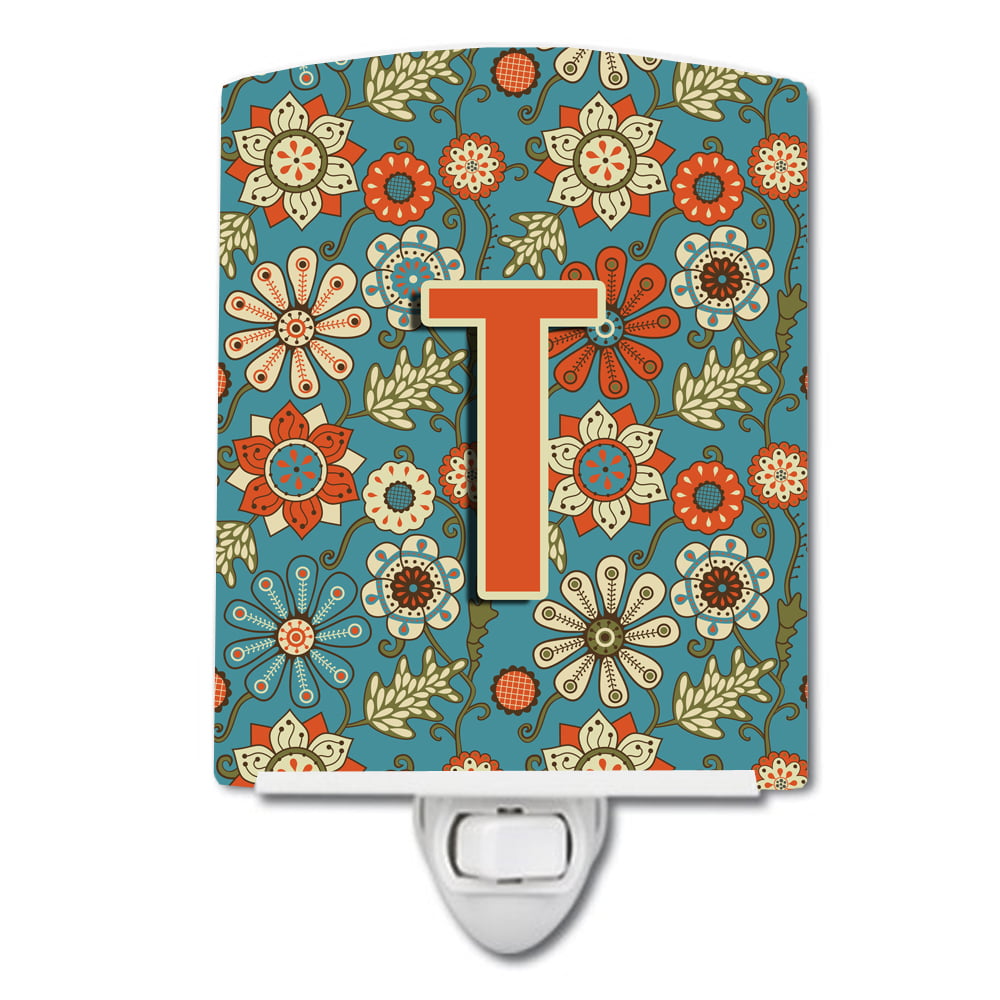 Letter T Flowers Retro Blue Ceramic Night Light