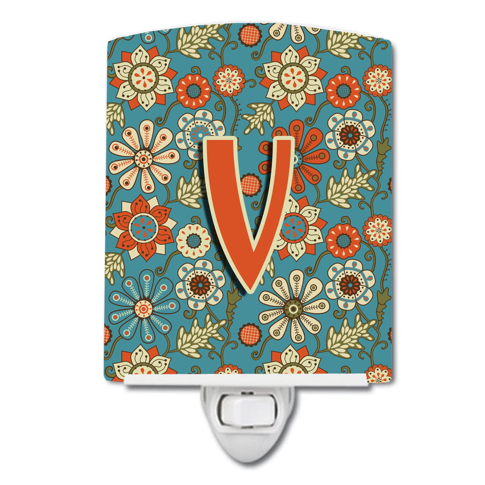Letter V Flowers Retro Blue Ceramic Night Light