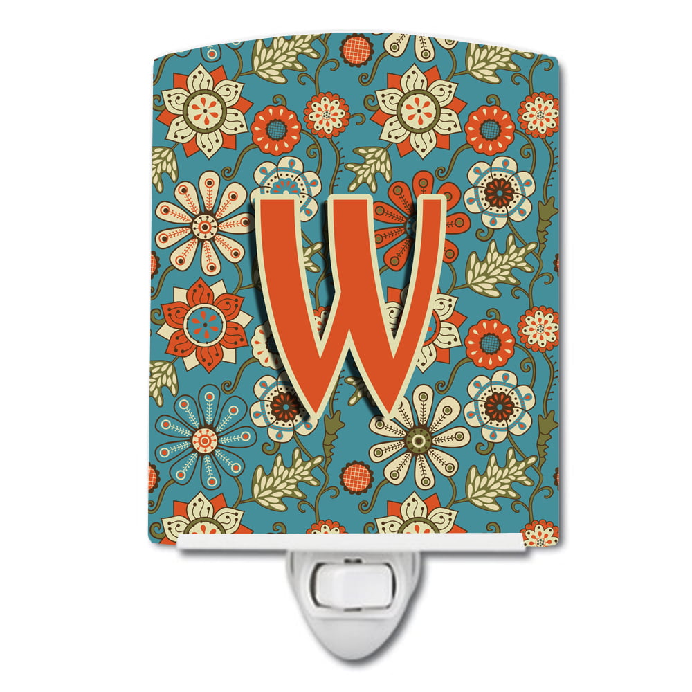Letter W Flowers Retro Blue Ceramic Night Light
