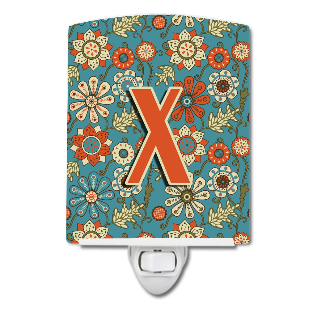 Letter X Flowers Retro Blue Ceramic Night Light