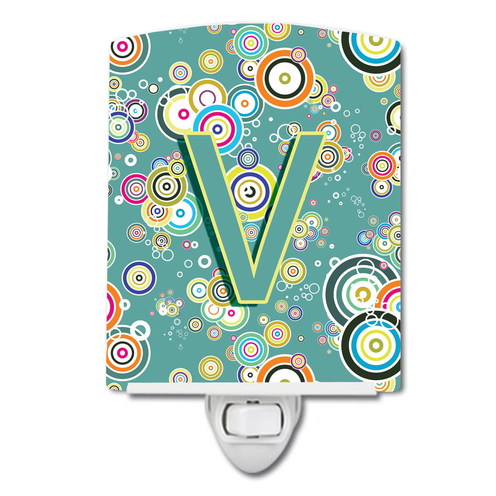 Letter V Circle Circle Teal Initial Alphabet Ceramic Night Light