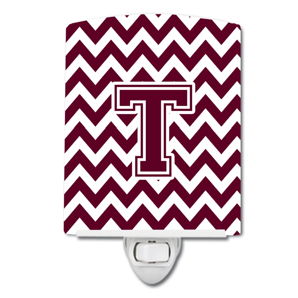 Letter T Chevron Maroon & White Ceramic Night Light