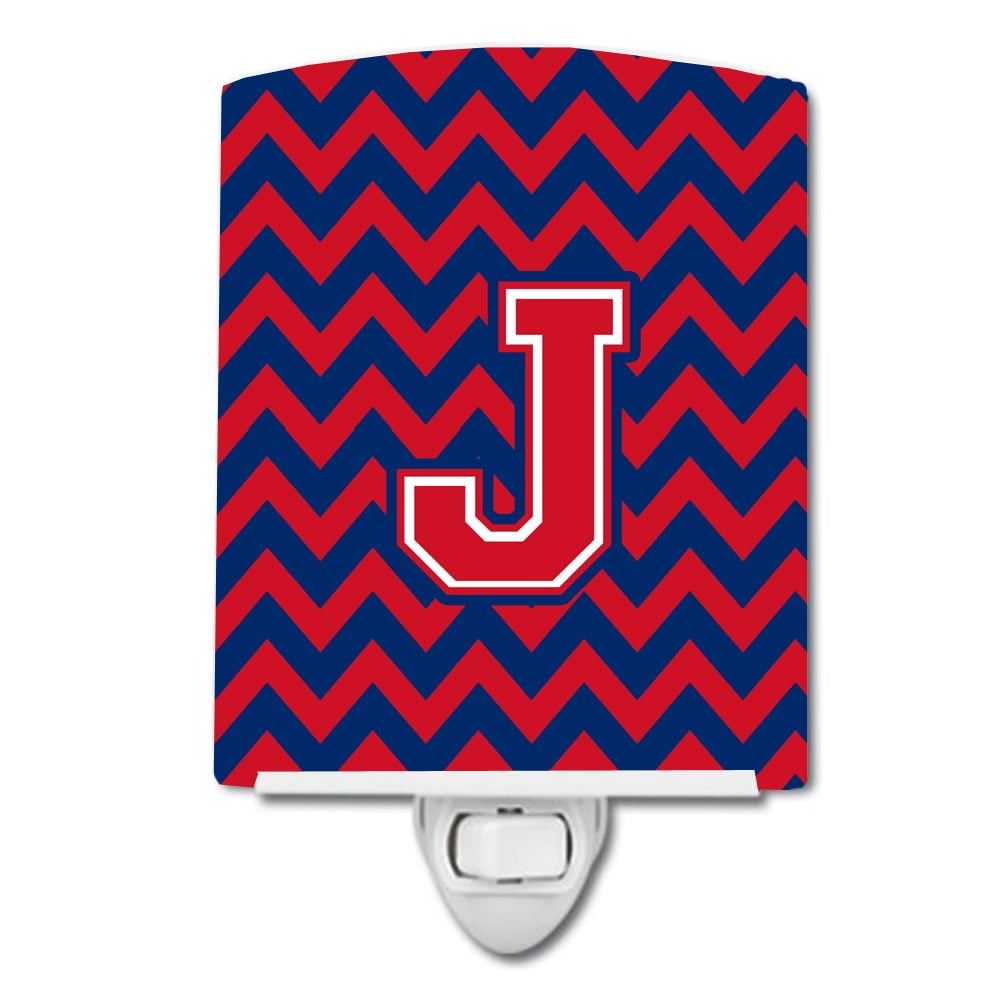 Letter J Chevron Yale Blue & Crimson Ceramic Night Light