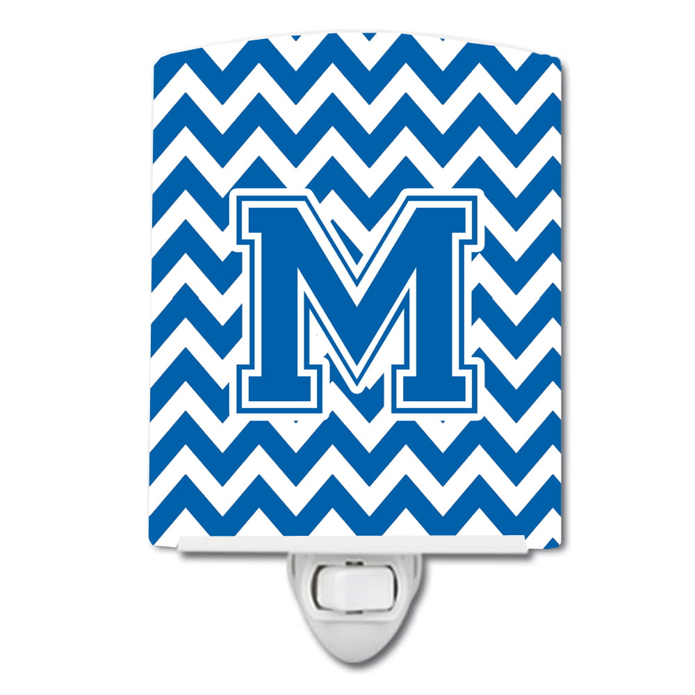 Letter M Chevron Blue & White Ceramic Night Light